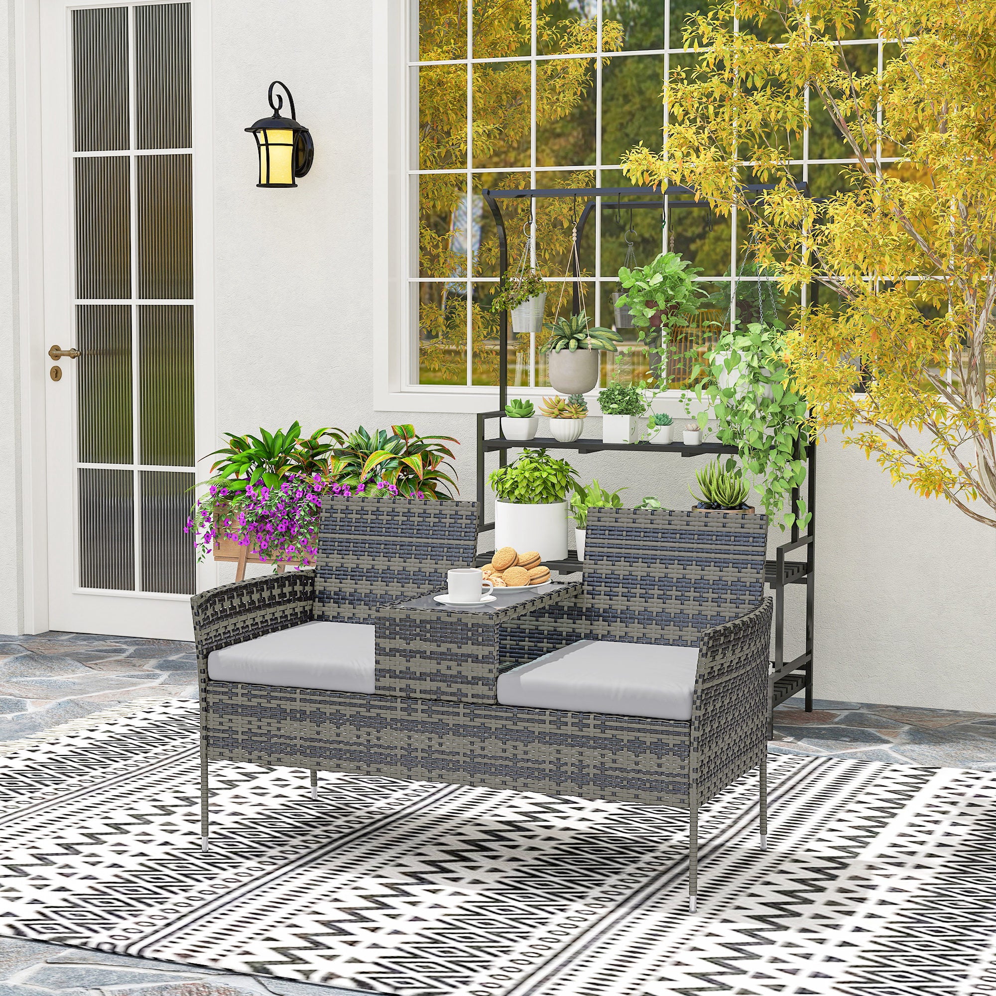 Outsunny Two-Seat Rattan Chair, with Middle Table - Charcoal Grey