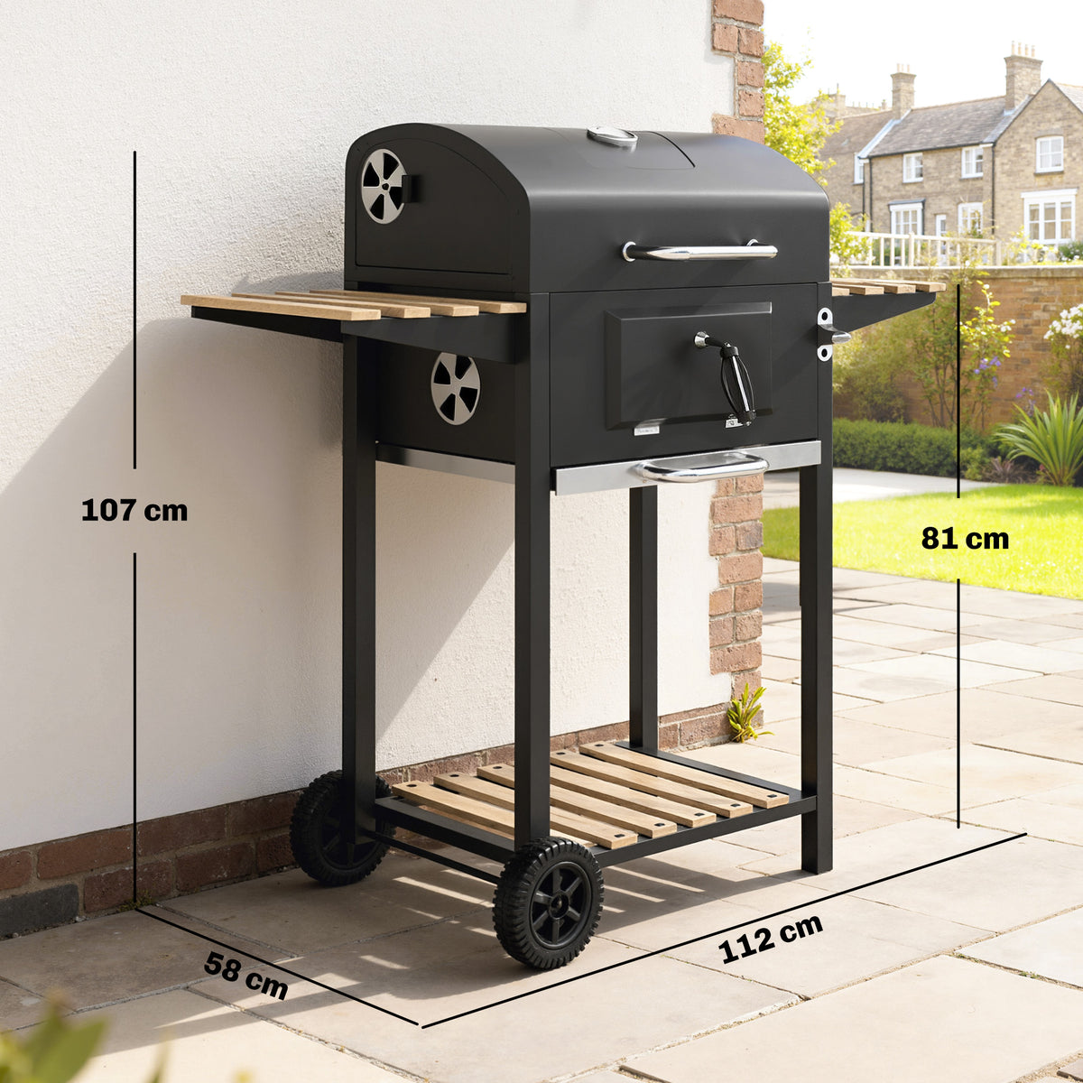 Outsunny Charcoal BBQ Grill with Height Adjustable Charcoal Pan, Barbecue Smoker with Warming Rack, 3 Shelves, Temperature Gauge, Wheels, Bottle Opener for Outdoor Cooking Garden Party