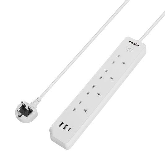 Maplin 1.8m 4 Socket 13 Amp Extension Lead with 2x USB-A / 1x USB-C Ports