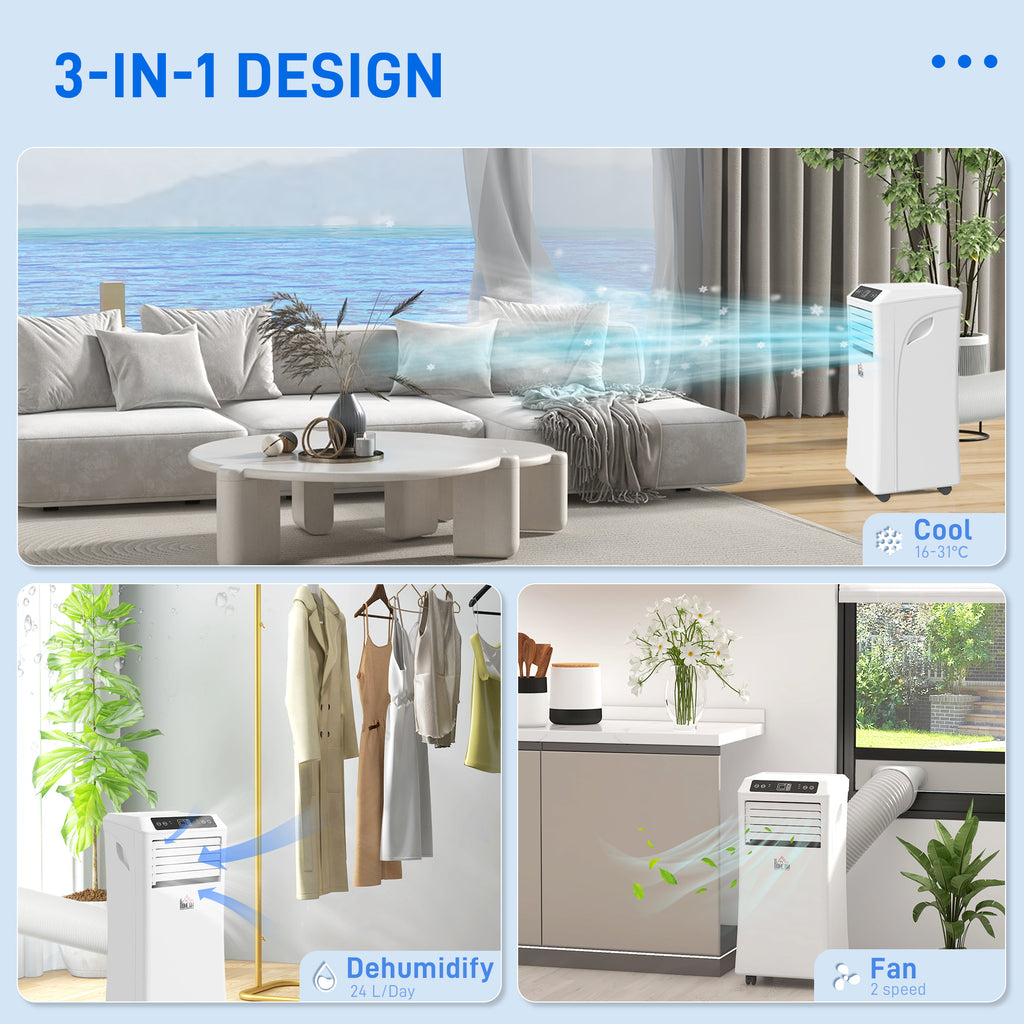 9000 BTU Air Conditioning Unit, 3-in-1 Portable Air Conditioner, Dehumidifier, Cooling Fan with Remote Control, Digital Display, 2 Speeds, 24H Timer, Window Venting Kit, 28m²
