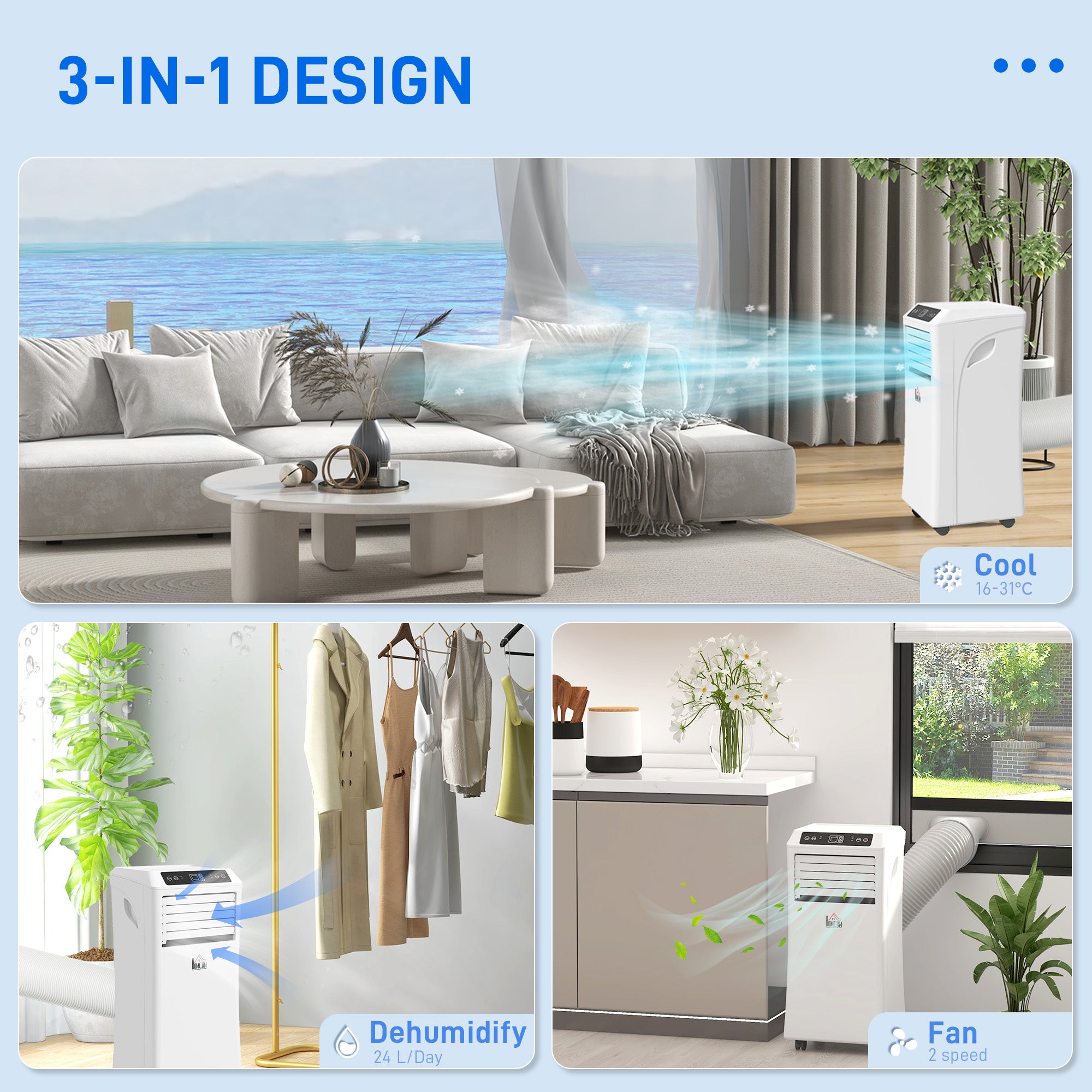 9000 BTU Air Conditioning Unit, 3-in-1 Portable Air Conditioner, Dehumidifier, Cooling Fan with Remote Control, Digital Display, 2 Speeds, 24H Timer, Window Venting Kit, 28m²