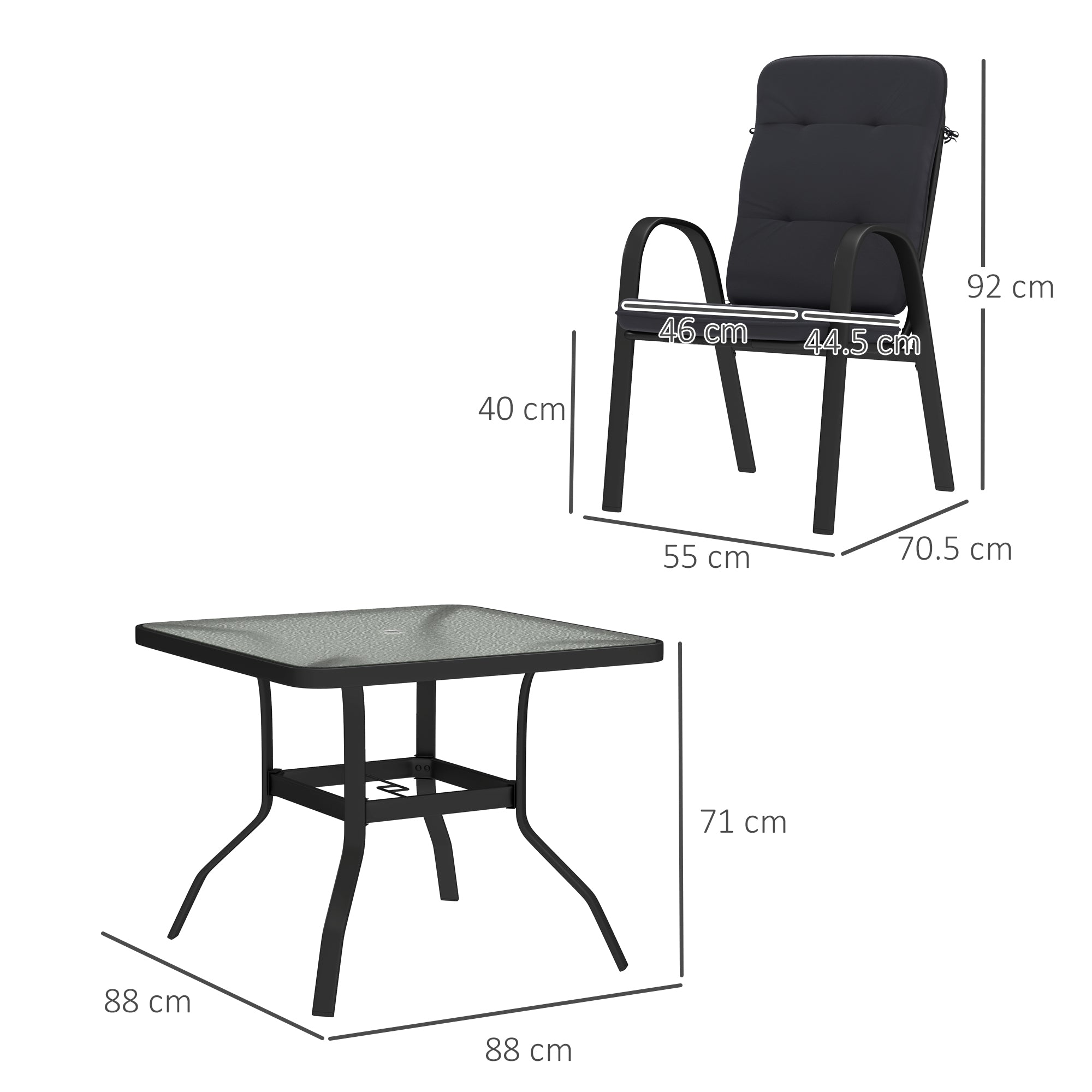 Outsunny 5 Pieces Outdoor Square Garden Dining Set w/ Tempered Glass Dining Table 4 Cushioned Armchairs, Umbrella Hole, Black