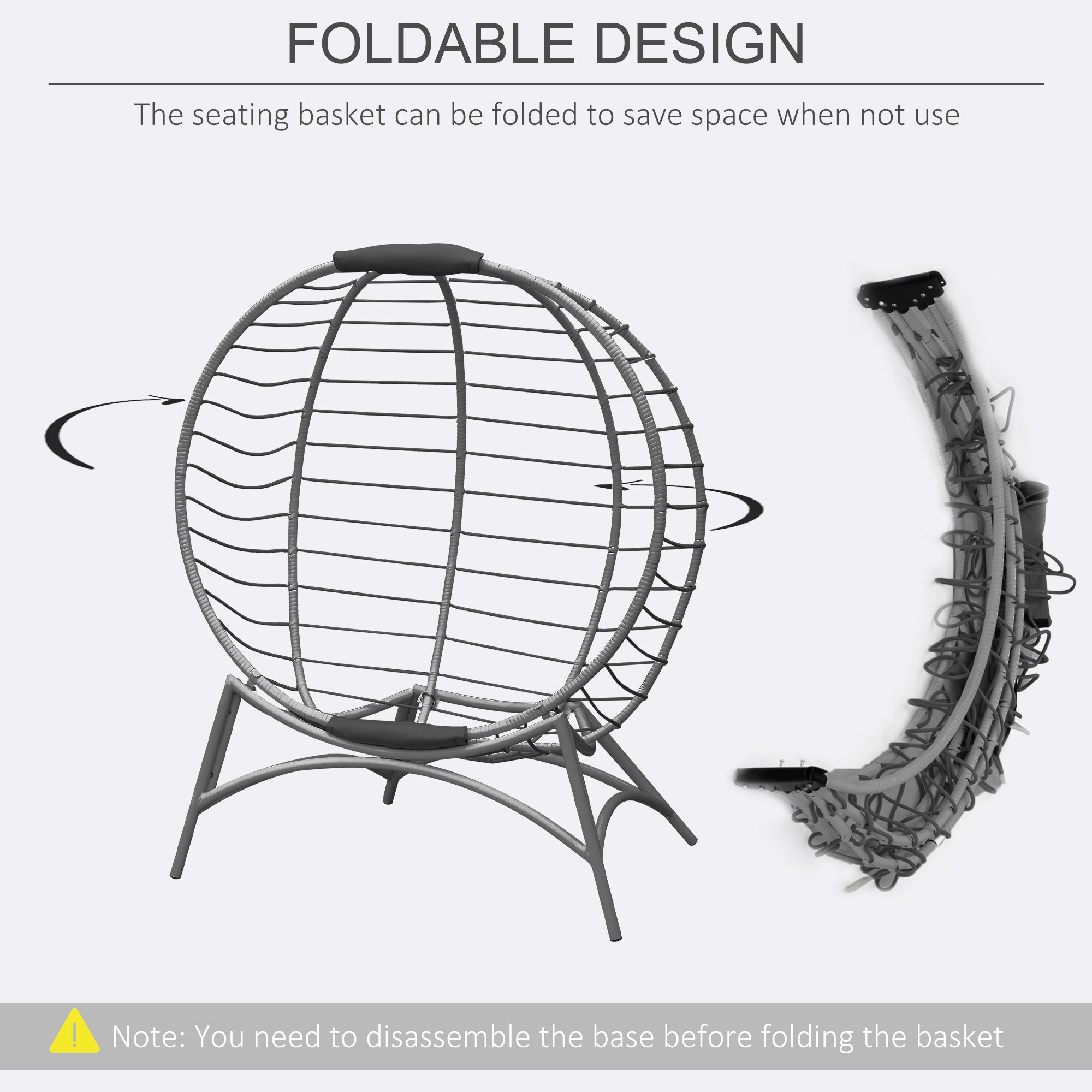 Outsunny Folding Rattan Egg Chair, Freestanding Basket Chair with Cushion, Bottle Holder Bag for Outdoor or Indoor, Grey