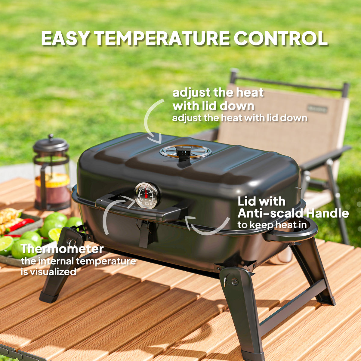 Outsunny Charcoal Barbecue Grill Folding Portable BBQ Grill for Camping with 1232 cm² Cooking Area, Adjustable Vent, Thermometer, Handles for Picnic, 59 x 37 x 36 cm, Black