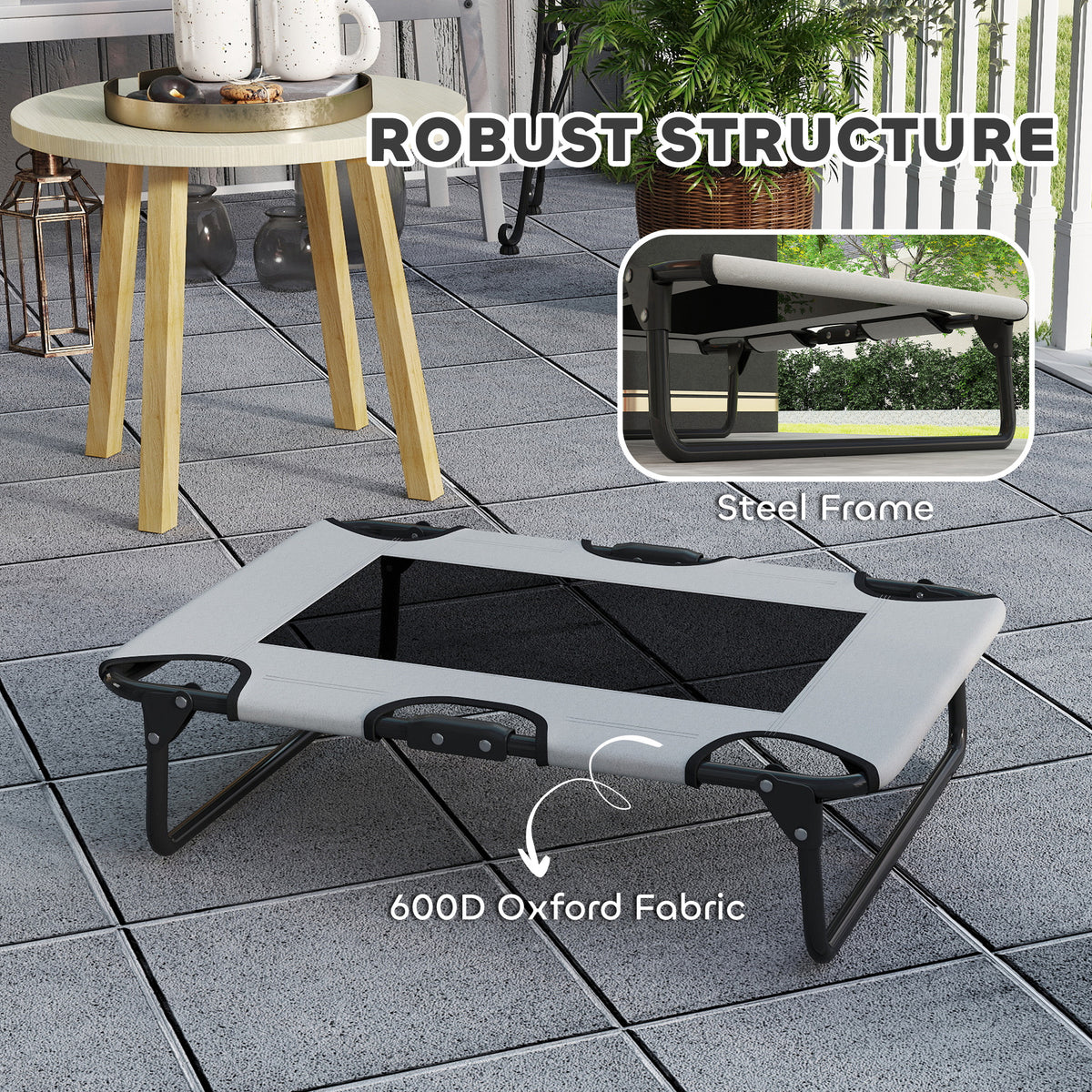 PawHut Portable Raised Dog Bed, Elevated Pet Cot with Breathable Mesh for Indoor Outdoor, for Small Medium Dogs, Light Grey