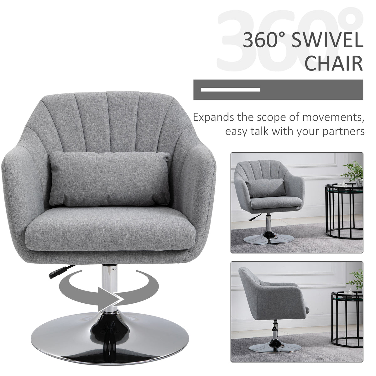 Swivel Accent Chair, Linen Fabric Tub Vanity Chair, Modern Armchair with Adjustable Height and Lumbar Support for Living Room Bedroom Salon Make up Room Dressing Table, Light Grey