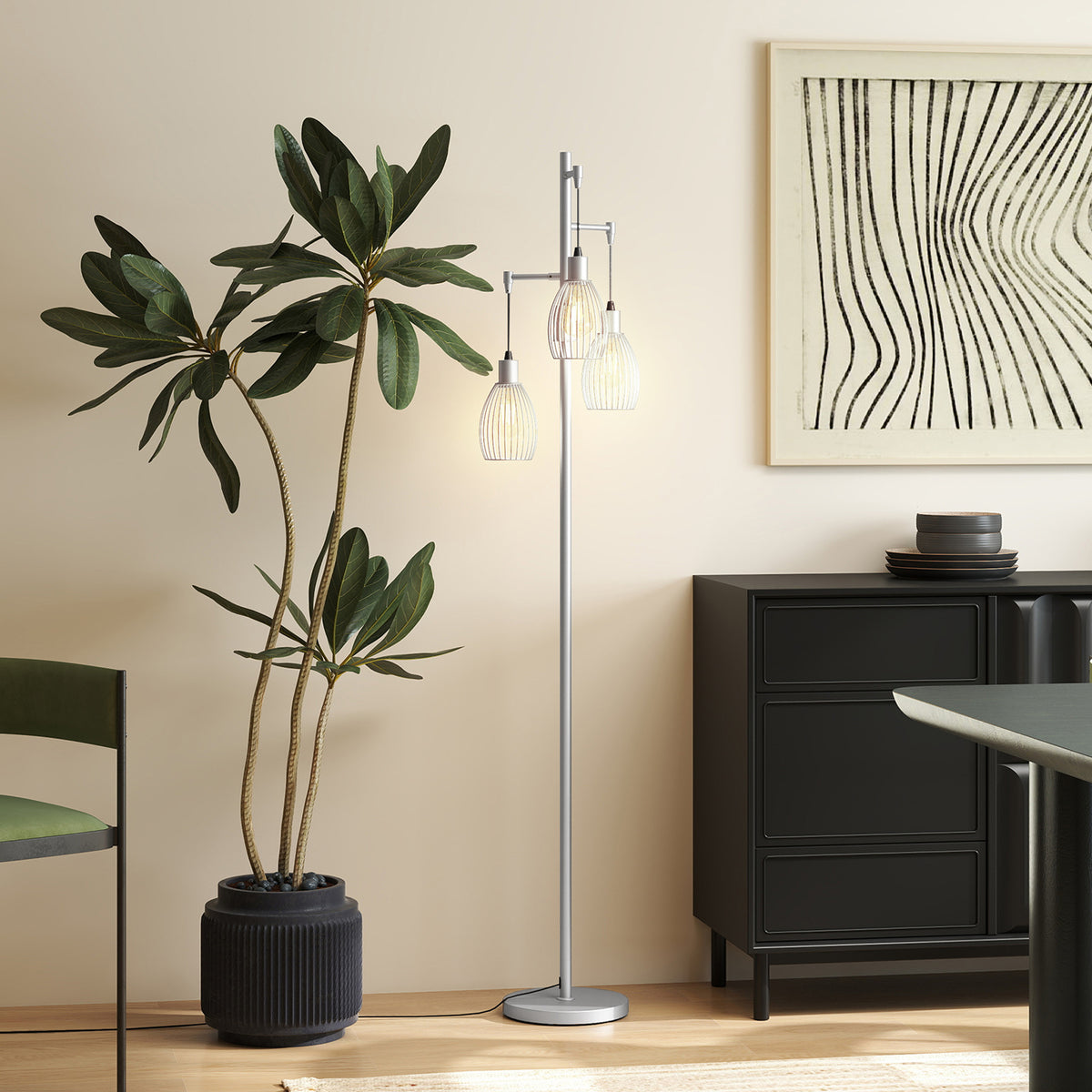 3-Light Floor Lamp, 170cm Industrial Dimmable Standing Lamp with Steel Wire Cage Lampshades for Living Room, Bedroom, Dining Room, Study, Bulb Not Included, Silver Tone