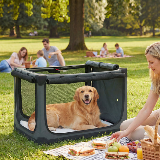 PawHut Soft Dog Crate Pet Travel Crate 90 x 64 x 64 cm with Removable Pad Mesh Window Army Green