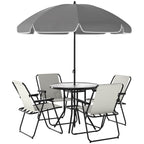 Outsunny 4 Seater Garden Furniture Set, 6 Pieces Garden Table and Chairs with Parasol, Outdoor Garden Dining Set with Folding Chairs and Round Glass Top Table for Patio, Cream White