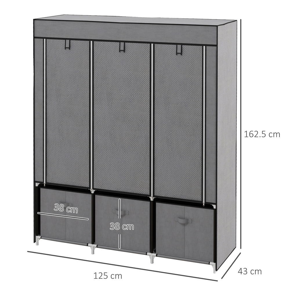 Foldable Fabric Wardrobe for Bedroom, Portable Wardrobe with 5 Shelves, 2 Hanging Rails and 3 Fabric Drawers, Dark Grey