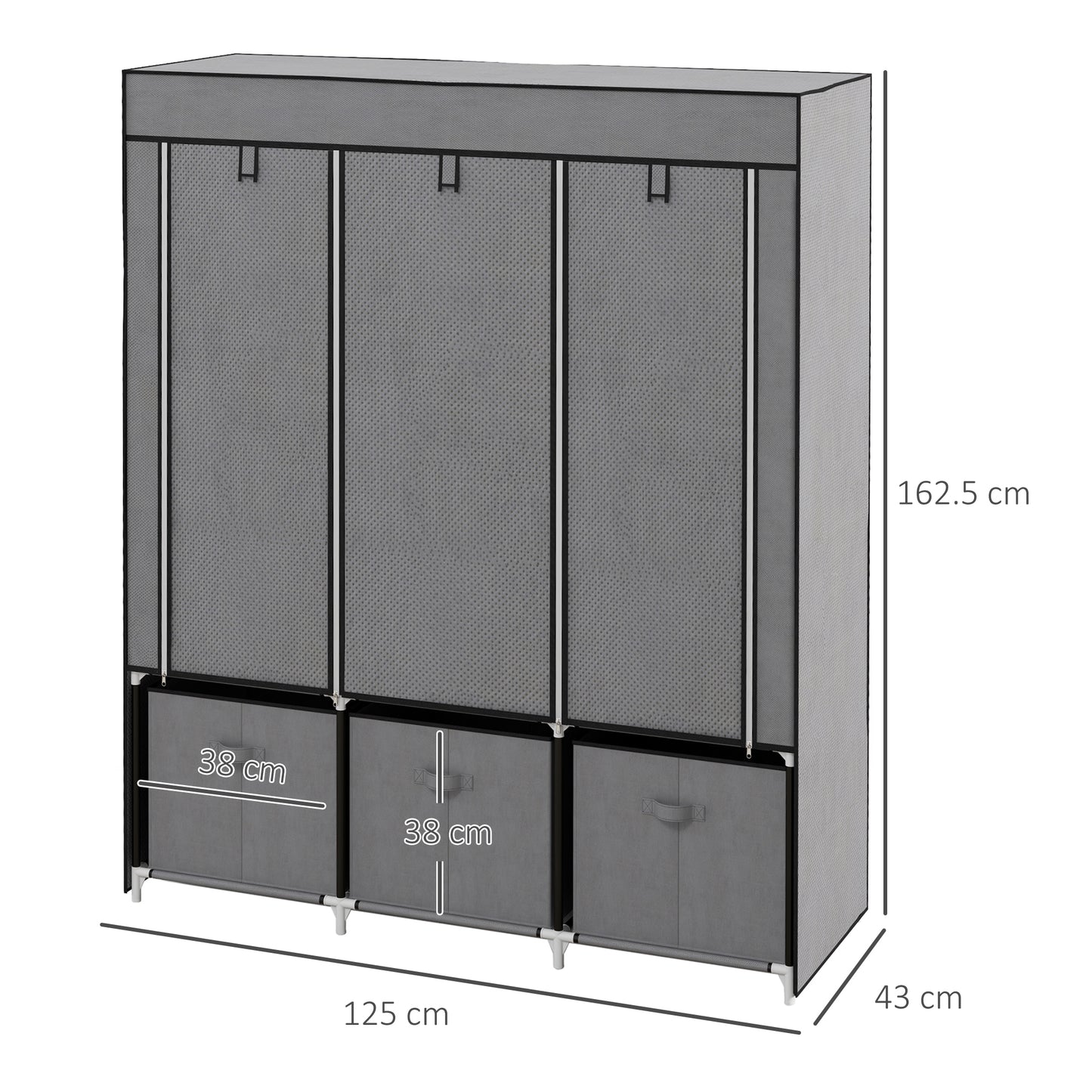 Foldable Fabric Wardrobe for Bedroom, Portable Wardrobe with 5 Shelves, 2 Hanging Rails and 3 Fabric Drawers, Dark Grey