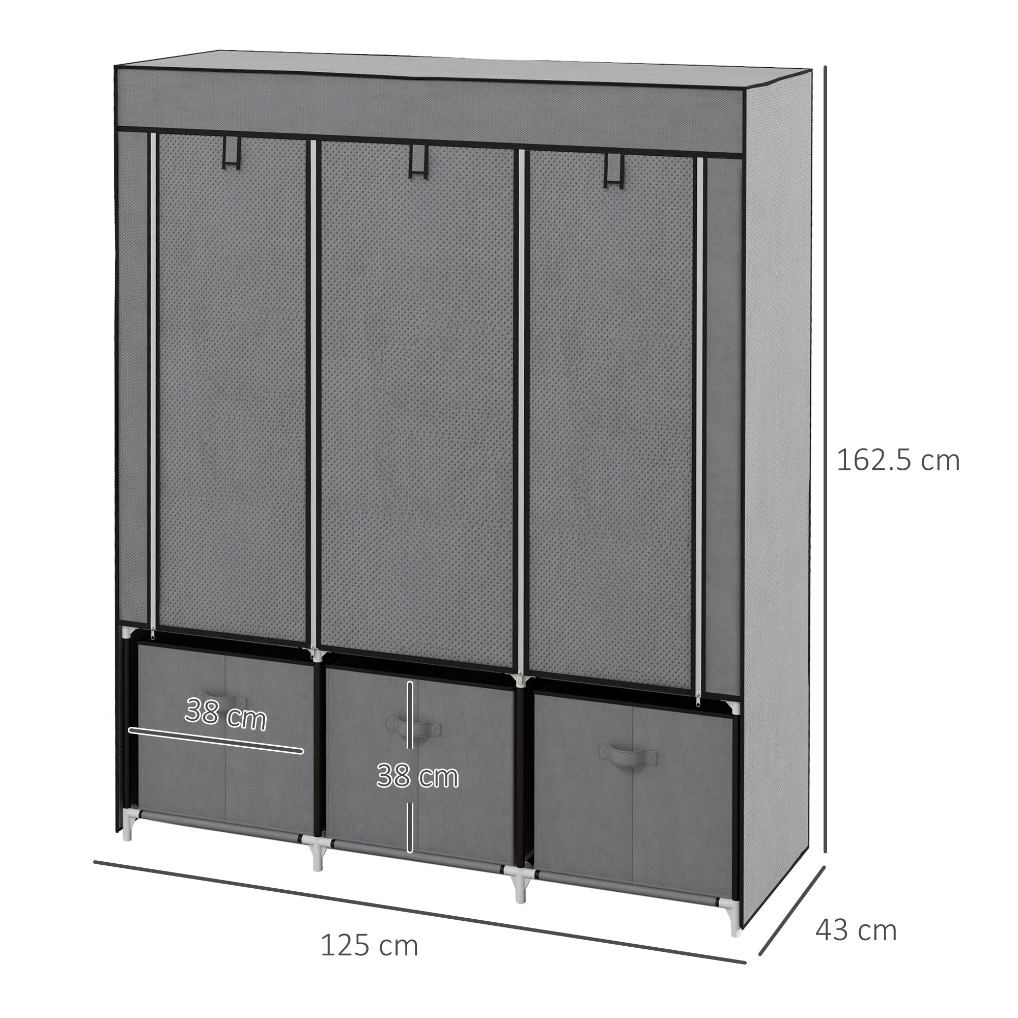 Foldable Fabric Wardrobe for Bedroom, Portable Wardrobe with 5 Shelves, 2 Hanging Rails and 3 Fabric Drawers, Dark Grey