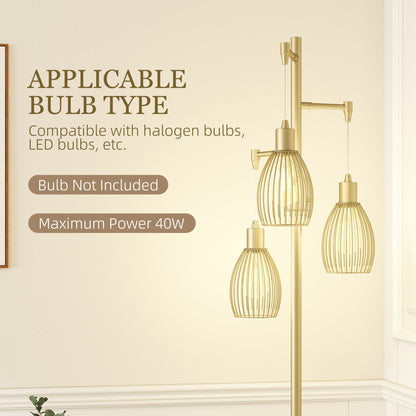 3-Light Floor Lamp, 170cm Industrial Dimmable Standing Lamp with Steel Wire Cage Lampshades for Living Room, Bedroom, Dining Room, Study, Bulb Not Included, Gold Tone