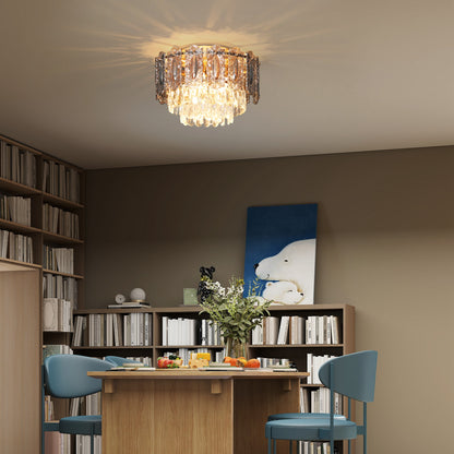 Chandelier Ceiling Light, 3-Light Flush Mount Fixture with Dual Crystal and Smoke Glass Shade, 40 cm LED Ceiling Light for Living Room Bedroom, 3 E14 Sockets, Bulbs Not Included, Gold Tone