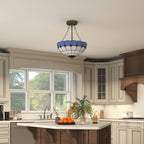 Tiffany Style Ceiling Light, Vintage Chandelier with 3 E27 Sockets, Semi Flush Mount for Living Room, Bulbs Not Included
