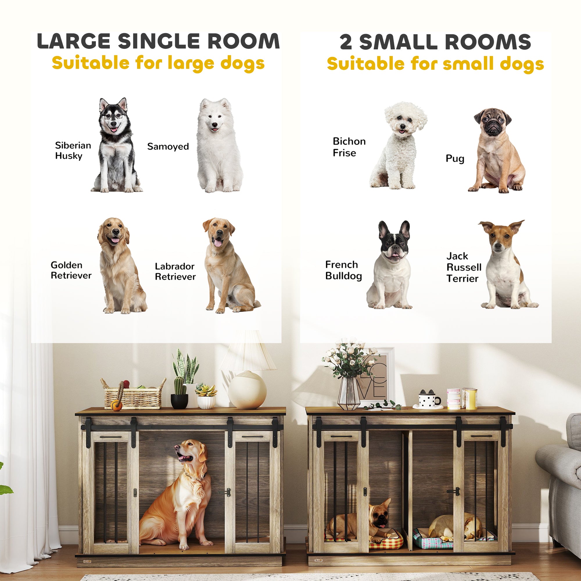 PawHut Dog Crate Furniture for Large Dogs, Double Dog Cage for Small Dogs, with Sliding Doors - Oak Tone
