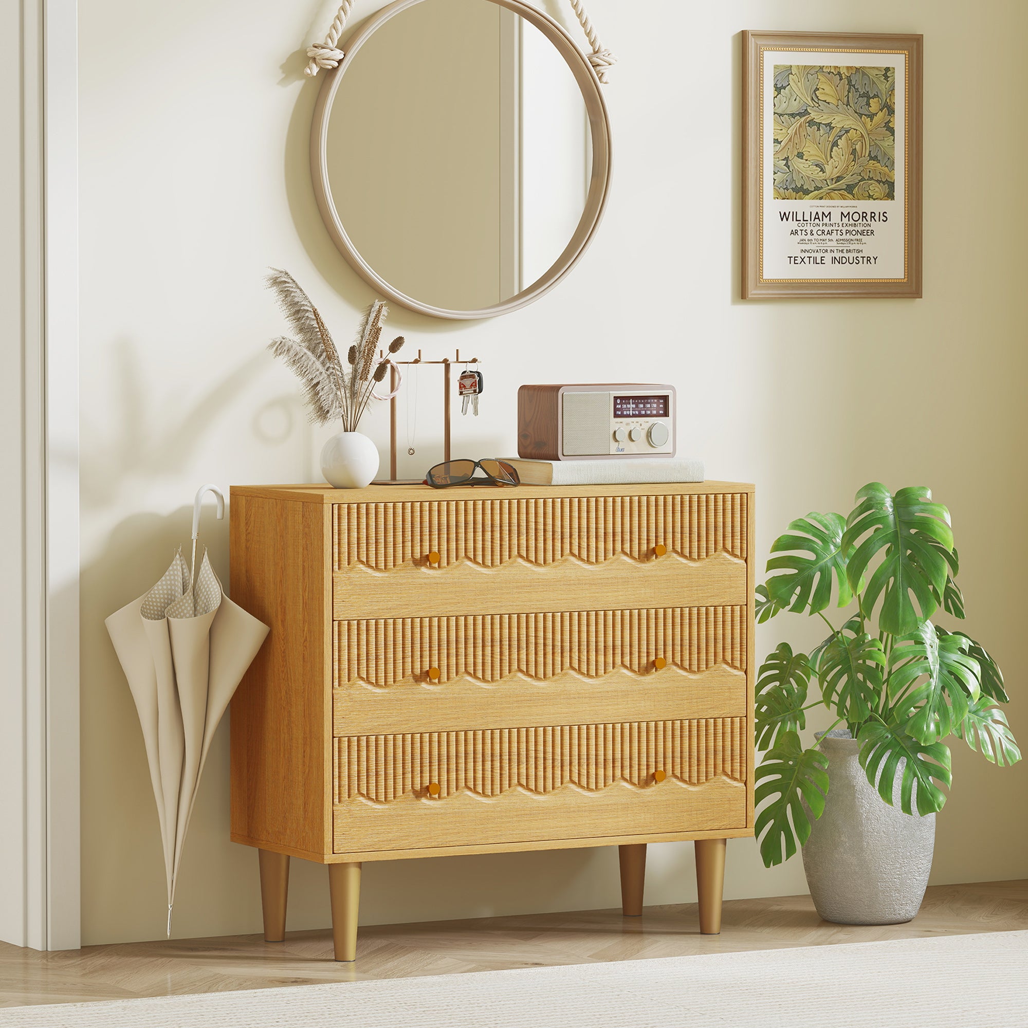 HOMCOM Dresser for Bedroom 3 Drawer Chest of Drawers with Steel Frame for Living Room in Oak