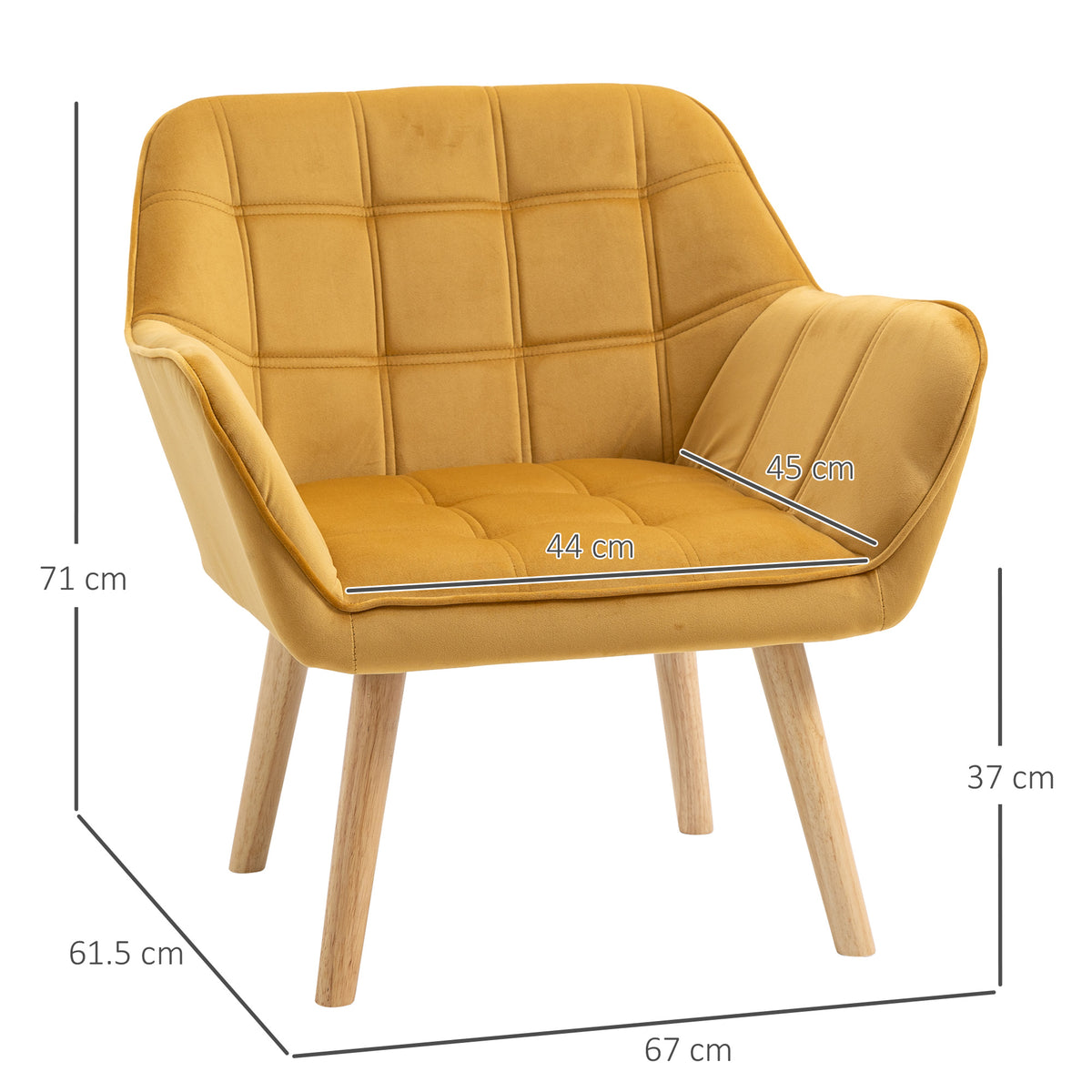 Accent Chair, Velvet Upholstered Vanity Tub Chair with Flared Armrests, Slanted Back, Solid Wood Legs, Comfy Padding Armchair, Home Bedroom Furniture Seating, Yellow