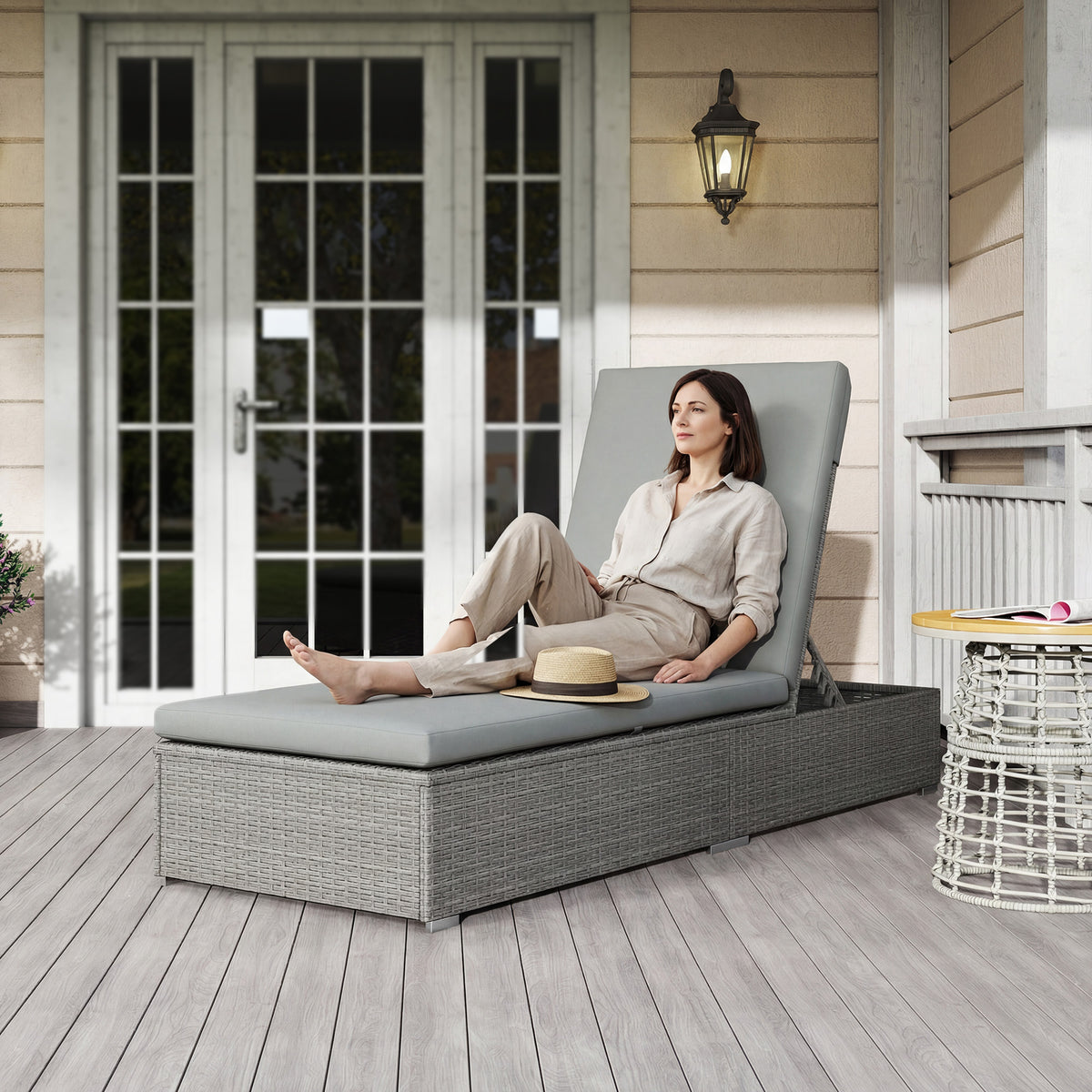 Outsunny Rattan Sun Lounger, Five-Position Reclining Garden Lounger Bed with Cushion, Light Grey