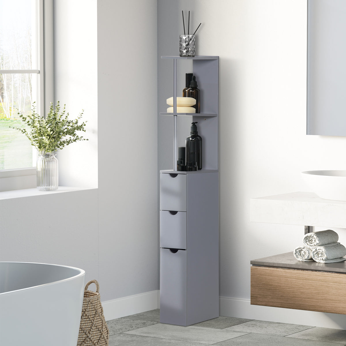 Tall Bathroom Cabinet, Freestanding Slim Bathroom Storage Cabinet with 2-Tier Open Shelf and 2 Drawers for Small Space, Narrow Cupboard Storage Unit, Grey