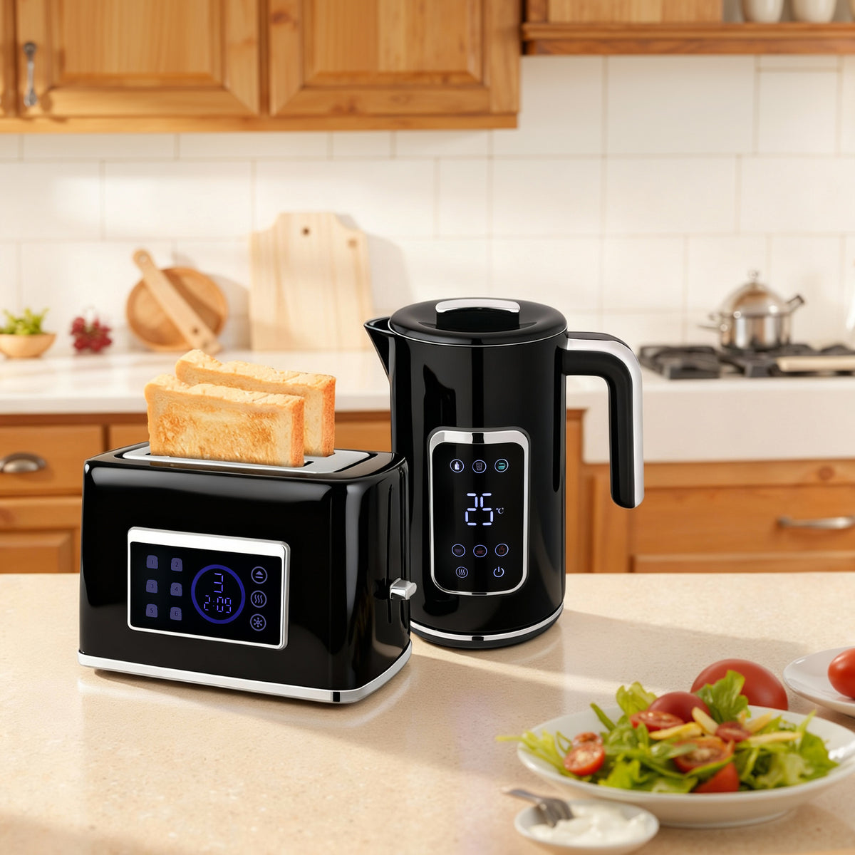 Touch Screen Kettle and Toaster Set - Black