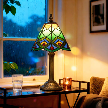 Tiffany-Style Table Lamp with Geometric Patterns, Handcrafted Antique Stained Glass Bedside Lamp for Living Room and Bedroom, E27 Socket, Green