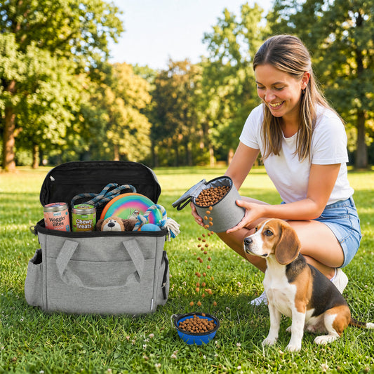 PawHut Dog Travel Bag, Waterproof Walking Bag with Multiple Pockets, Two Food Containers and Collapsible Bowl for Cat Puppy