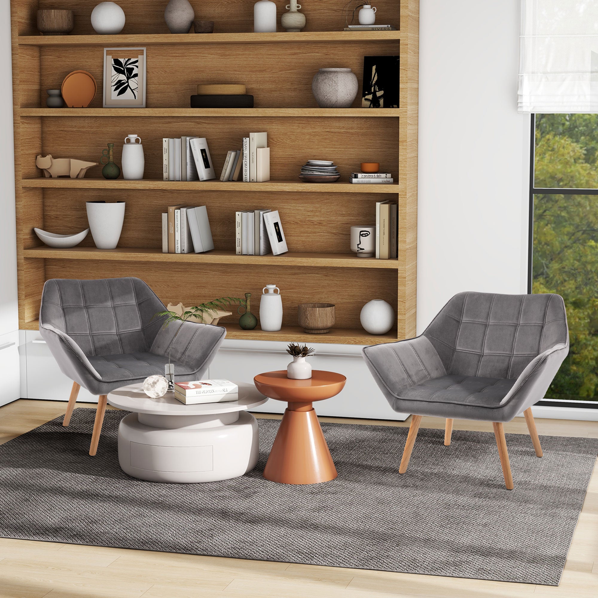 HOMCOM Accent Chair, Velvet Upholstered Vanity Tub Chair with Flared Armrests, Slanted Back, Solid Wood Legs, Comfy Padding Armchair, Home Bedroom Furniture Seating, Set of 2, Grey