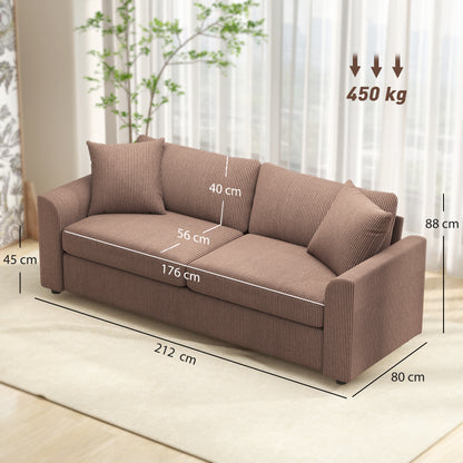 Modern 3 Seater Sofa with Spring Cushion, 212 cm Fabric Jumbo Cord Sofa Couch with 2 Scatter Cushions, Upholstered Corduroy Settee for Living Room, Bedroom, Home Office, Coffee