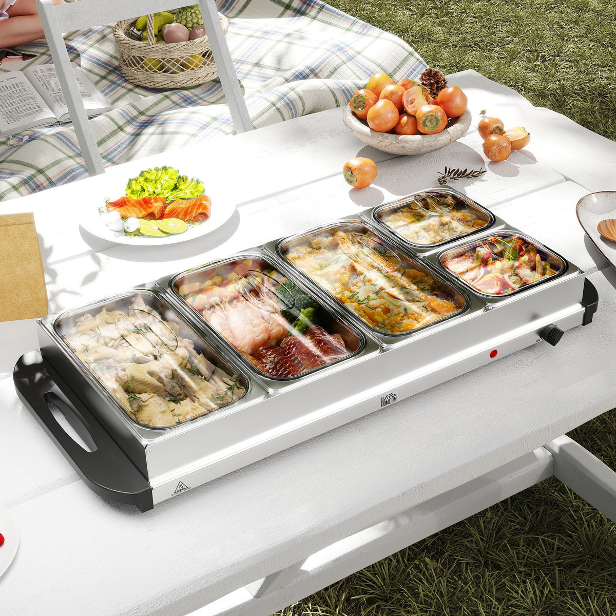 5 Tray Electric Food Warmer Buffet Server with Warming Plate, Cool Touch Handles, Adjustable Temperature, 300W, 3 x 2.4L and 2 x 1L Pans