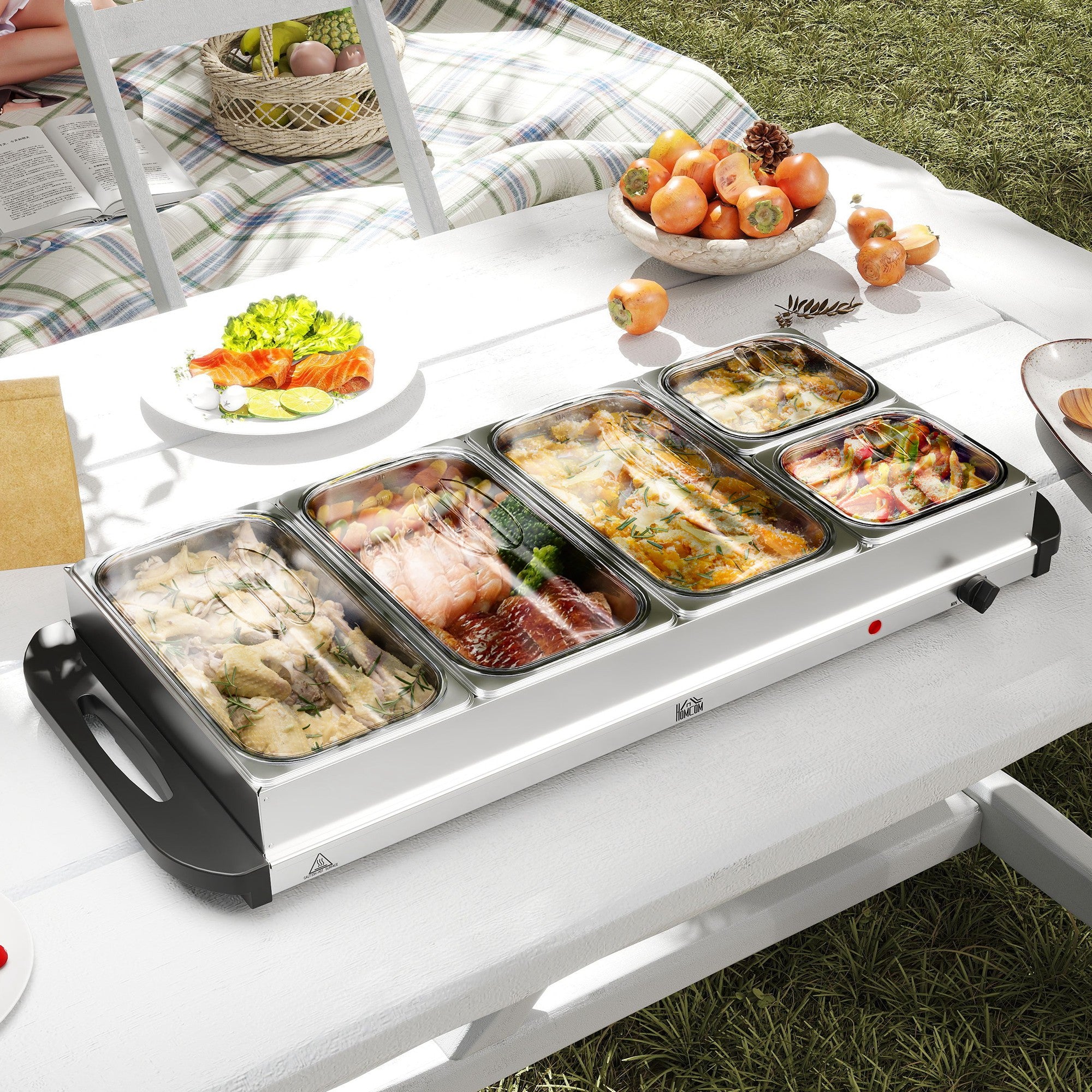5 Tray Electric Food Warmer Buffet Server with Warming Plate, Cool Touch Handles, Adjustable Temperature, 300W, 3 x 2.4L and 2 x 1L Pans