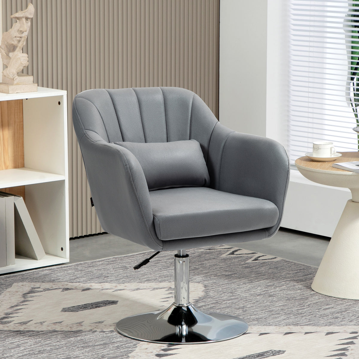 Swivel Accent Chair, Linen Fabric Tub Vanity Chair, Modern Armchair with Adjustable Height and Lumbar Support for Living Room Bedroom Salon Make up Room Dressing Table, Dark Grey