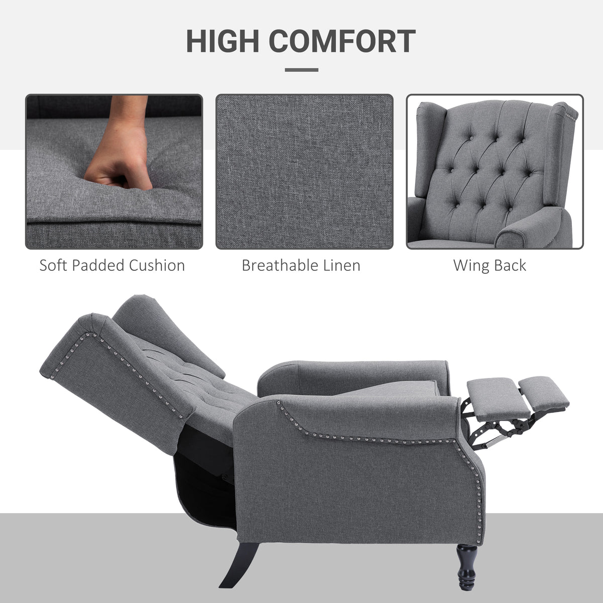 Recliner Armchair, Vintage Reclining Chair with Nail Head Trim, Wingback Chair with Button Tufted Back and Footrest, for Living Room, Grey