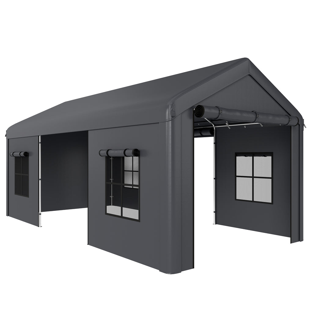Outsunny 3 x 6 m Heavy Duty Carport, Portable Garage Car Canopy Tent with Galvanised Frame, Doors, Windows, Dark Grey