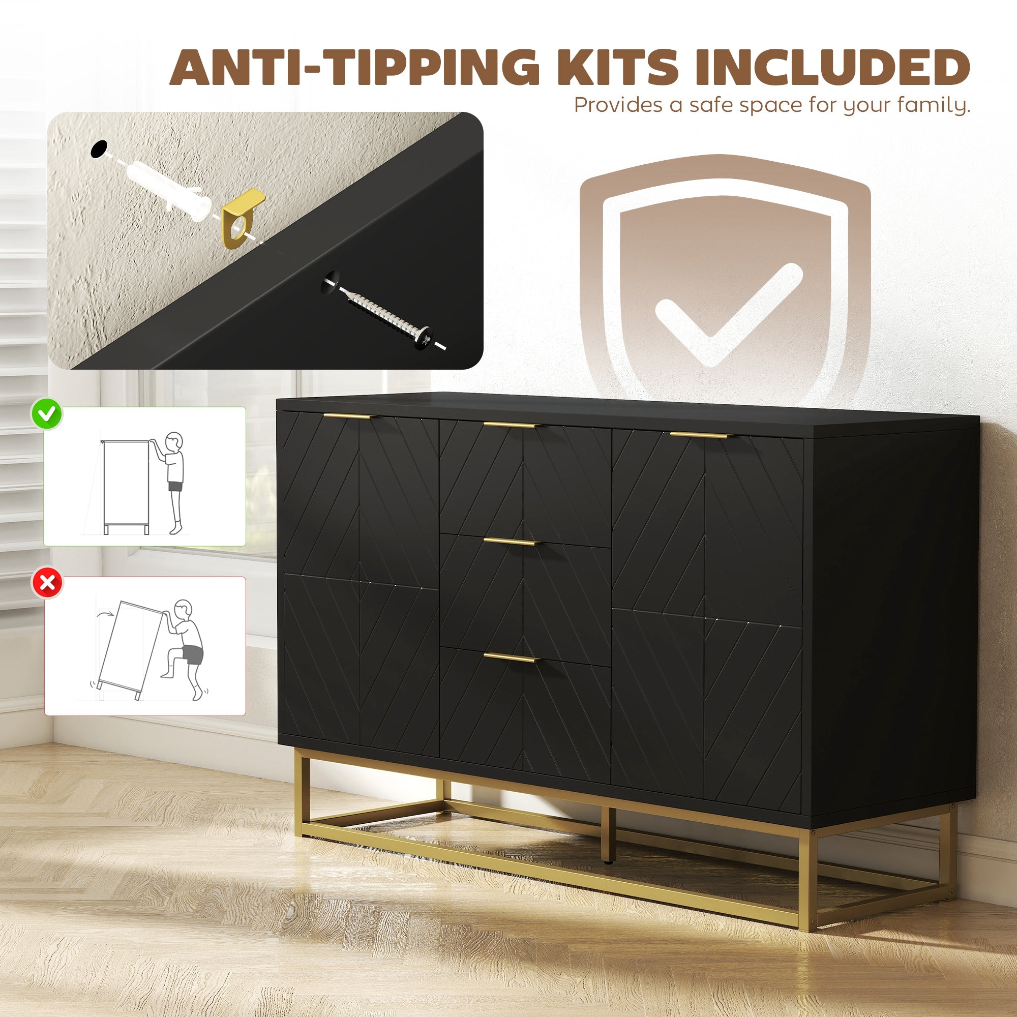 HOMCOM Sideboard with 3 Drawers and Adjustable Shelves for Living Room - Black