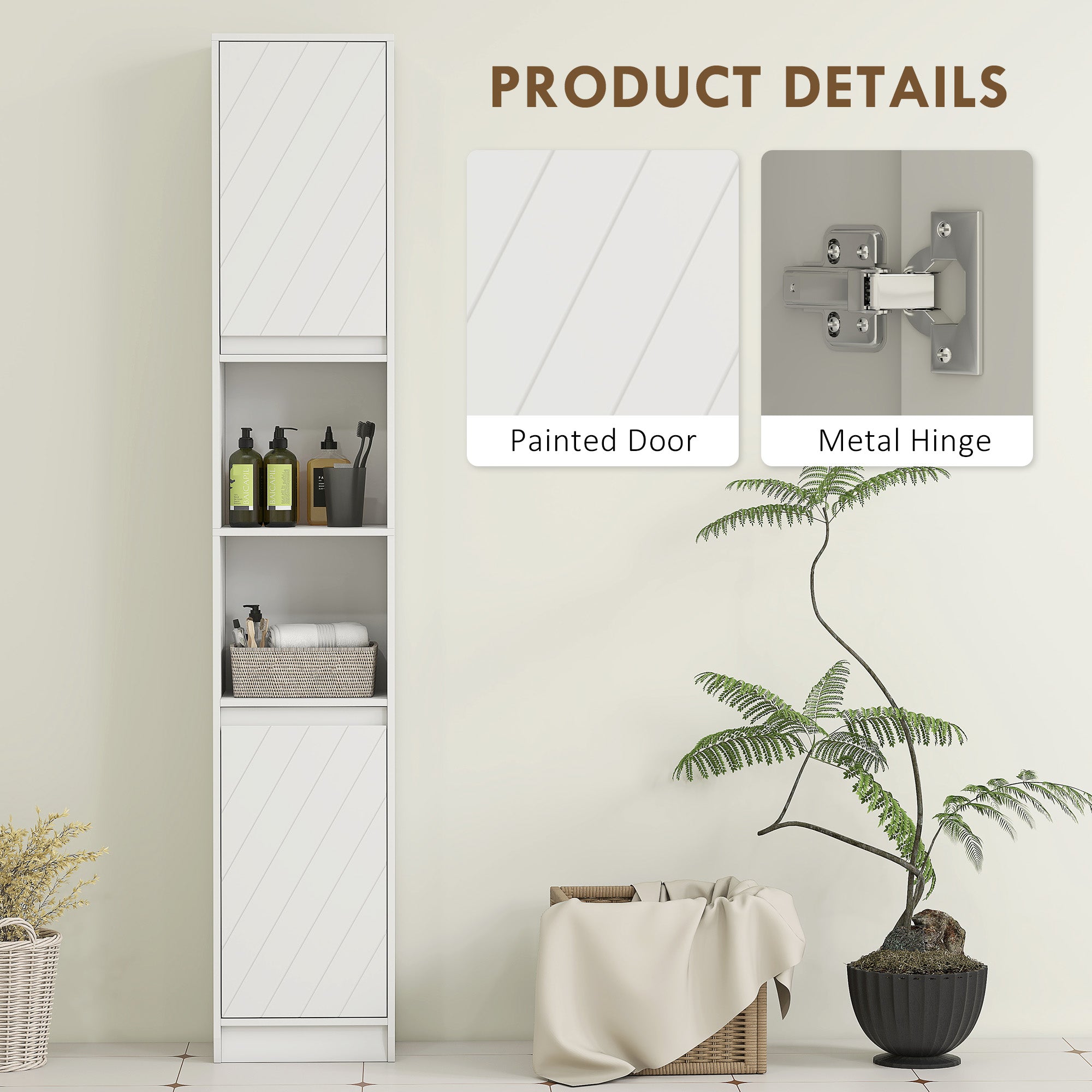 HOMCOM Narrow Bathroom Cabinet, Slim Bathroom Storage Unit with Open Compartment, Freestanding Storage Cupboard with Adjustable Shelves for Small Spaces, 30 x 24 x 170 cm, White