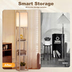 3-Tier Floor Lamp with Shelves and Storage, Modern Corner Standing Lamp with Lampshade, Reading Light with Foot Switch for Living Room, Bedroom, Home Office, Bulb not Included, Oak
