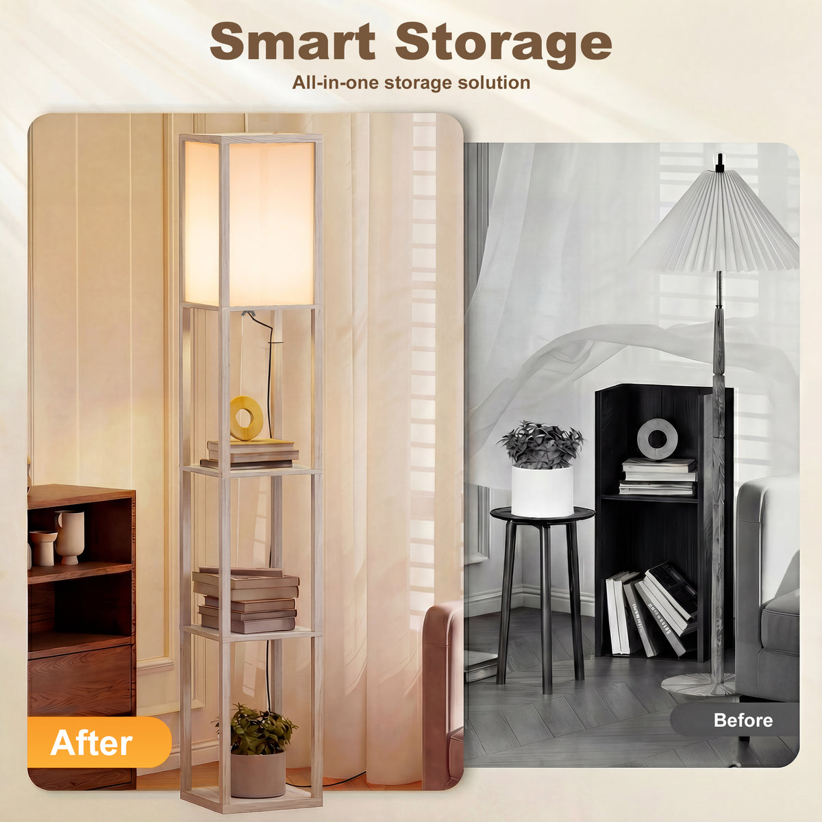 3-Tier Floor Lamp with Shelves and Storage, Modern Corner Standing Lamp with Lampshade, Reading Light with Foot Switch for Living Room, Bedroom, Home Office, Bulb not Included, Oak