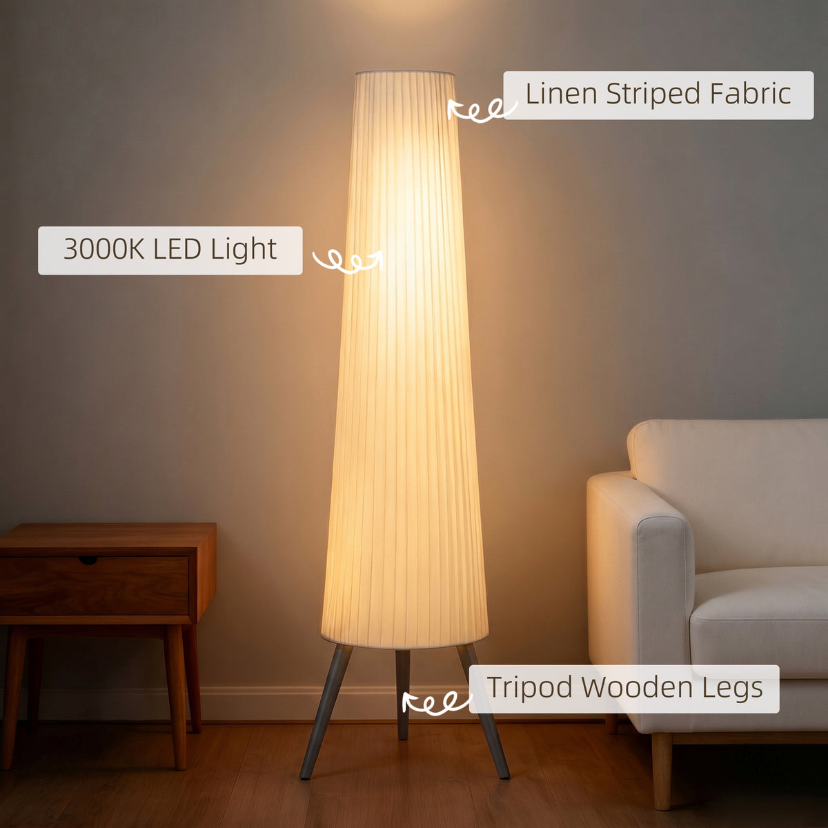 Dimmable Tripod Floor Lamp with Foot Switch, Nordic Standing Lamp with Fabric Shade, 153cm, White and Grey