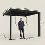 Outsunny 3 x 3 m Louvered Pergola with LED Lights, Metal Louvres, Wall Mounted Aluminium Patio Gazebo Pergola, Dark Grey