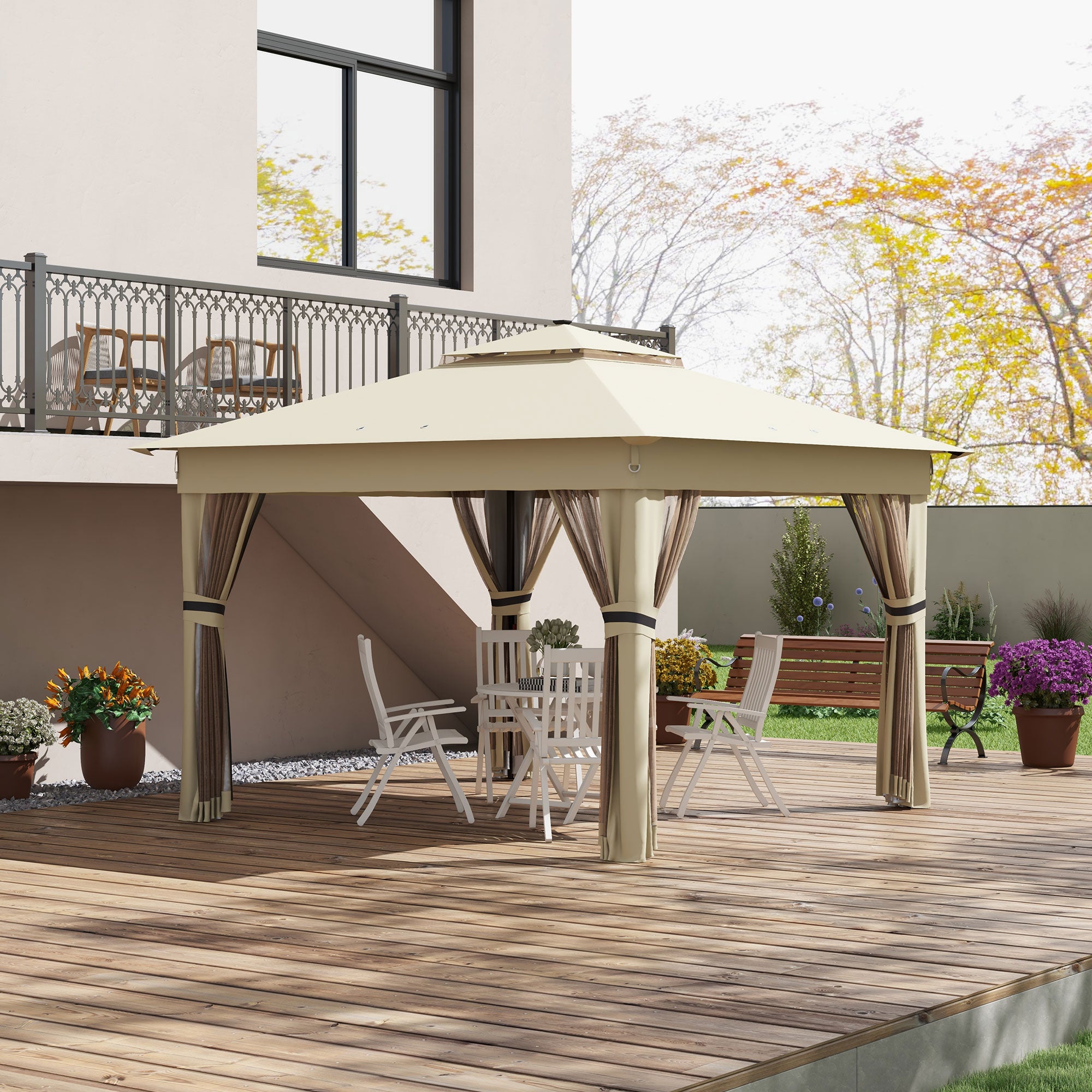 Outsunny 3.36 x 3.36m Pop Up Gazebo Party Tent with Solar-Powered LED Lights, Adjustable Event Shelter with Netting, Khaki