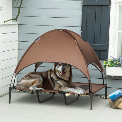 PawHut Outdoor Dog Bed with Removable Canopy, Portable Raised Dog Bed for Camping, Garden & Beach, Water-Resistant UV-Protection Mesh Pet Cot Sun Lounger, for XL Pets, 122 x 92 x 108 cm, Brown