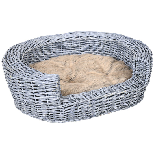 PawHut Wicker Pet Bed Willow Dog Cat Sofa Puppy Basket with Cushion Grey 57L x 46W x 17.5H cm