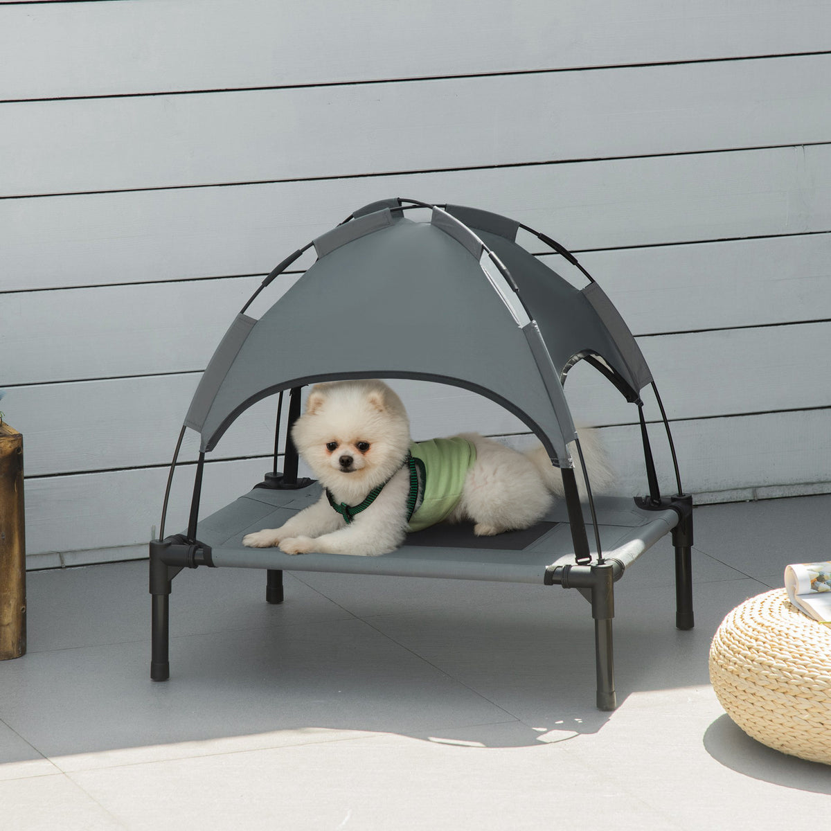 PawHut Outdoor Dog Bed with Removable Canopy, Portable Raised Dog Bed for Camping, Garden & Beach, Water-Resistant UV-Protection Mesh Pet Cot Sun Lounger, for Small Pets, 61 x 46 x 62 cm, Grey