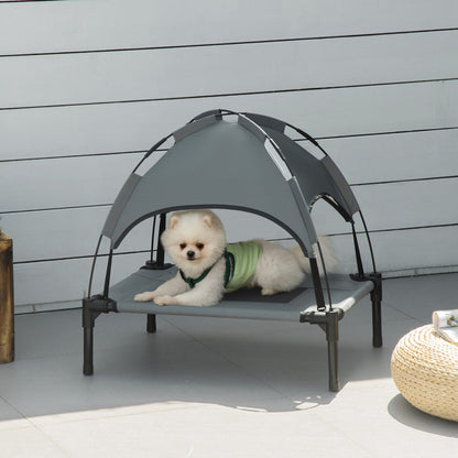 PawHut Outdoor Dog Bed with Removable Canopy, Portable Raised Dog Bed for Camping, Garden & Beach, Water-Resistant UV-Protection Mesh Pet Cot Sun Lounger, for Small Pets, 61 x 46 x 62 cm, Grey