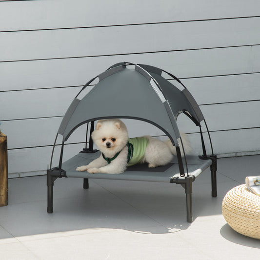 PawHut Outdoor Dog Bed with Removable Canopy, Portable Raised Dog Bed for Camping, Garden & Beach, Water-Resistant UV-Protection Mesh Pet Cot Sun Lounger, for Small Pets, 61 x 46 x 62 cm, Grey