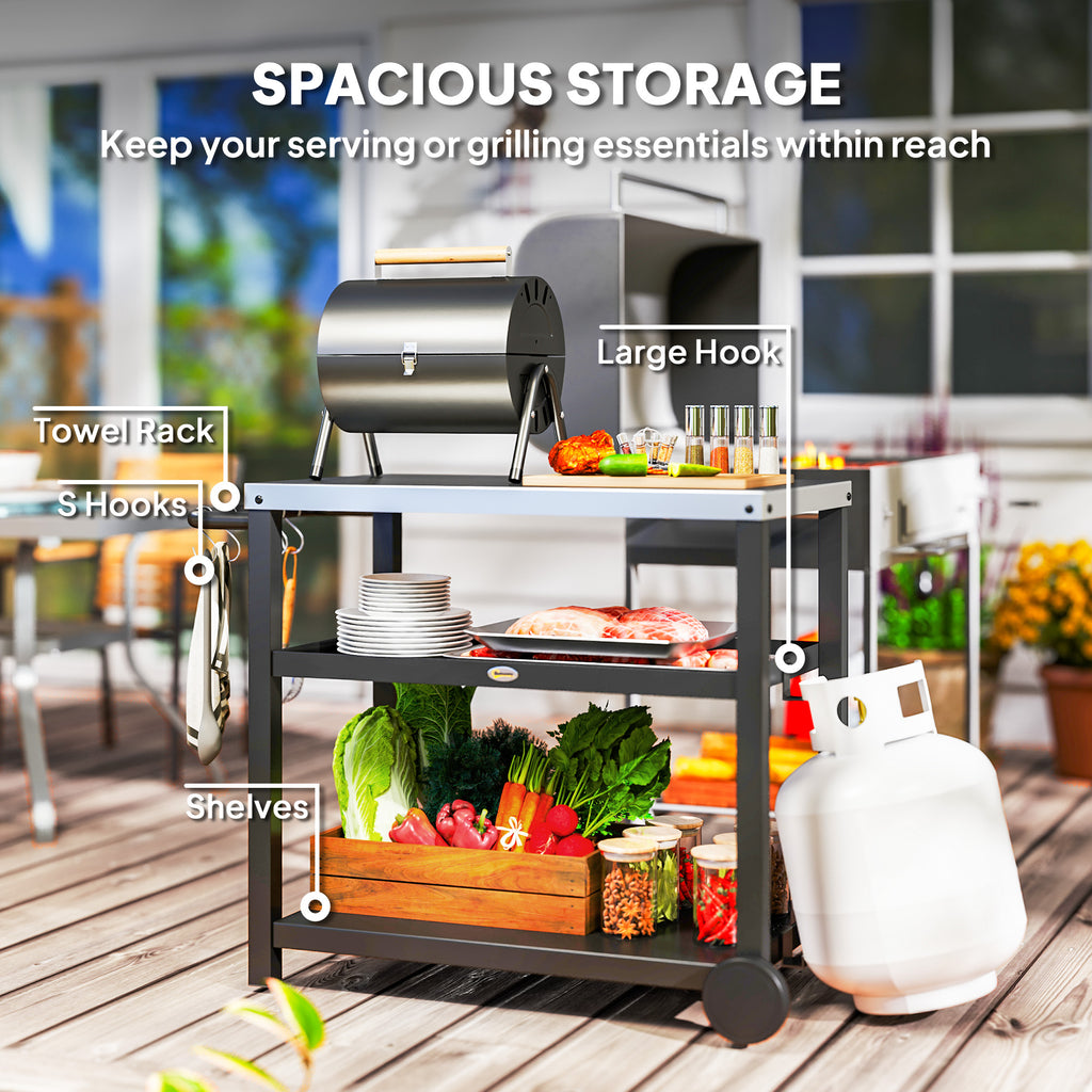 Outsunny Outdoor Grill Dining Cart 3-Shelf Movable Pizza Oven Table Stand with Stainless Steel Top, Portable BBQ Trolley Food Prep Outdoor Kitchen Barbecue Station with Hooks Wheels, Charcoal Grey