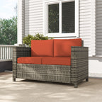 Outsunny Rattan Sofa, 2 Seater Garden Furniture with Soft Padded Cushion and Armrests, Wicker Garden Loveseat for Patio, Grey
