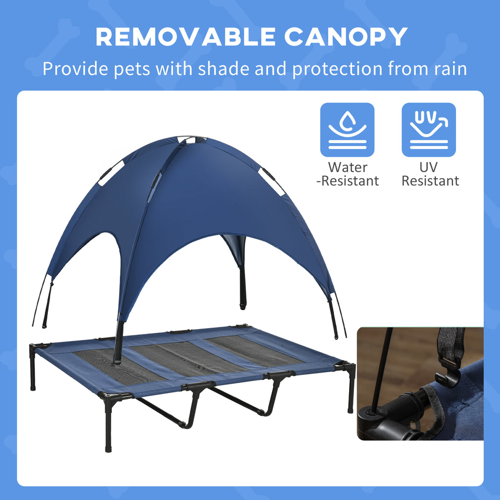 PawHut Outdoor Dog Bed with Removable Canopy, Portable Raised Dog Bed for Camping, Garden & Beach, Water-Resistant UV-Protection Mesh Pet Cot Sun Lounger, for XL Pets, 122 x 92 x 108 cm, Dark Blue