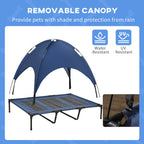 PawHut Outdoor Dog Bed with Removable Canopy, Portable Raised Dog Bed for Camping, Garden & Beach, Water-Resistant UV-Protection Mesh Pet Cot Sun Lounger, for XL Pets, 122 x 92 x 108 cm, Dark Blue